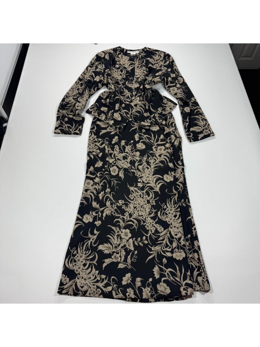 VTG Josephine Chaus Two-Piece Outfit Set Women's 8 Black Floral Polyester Party
